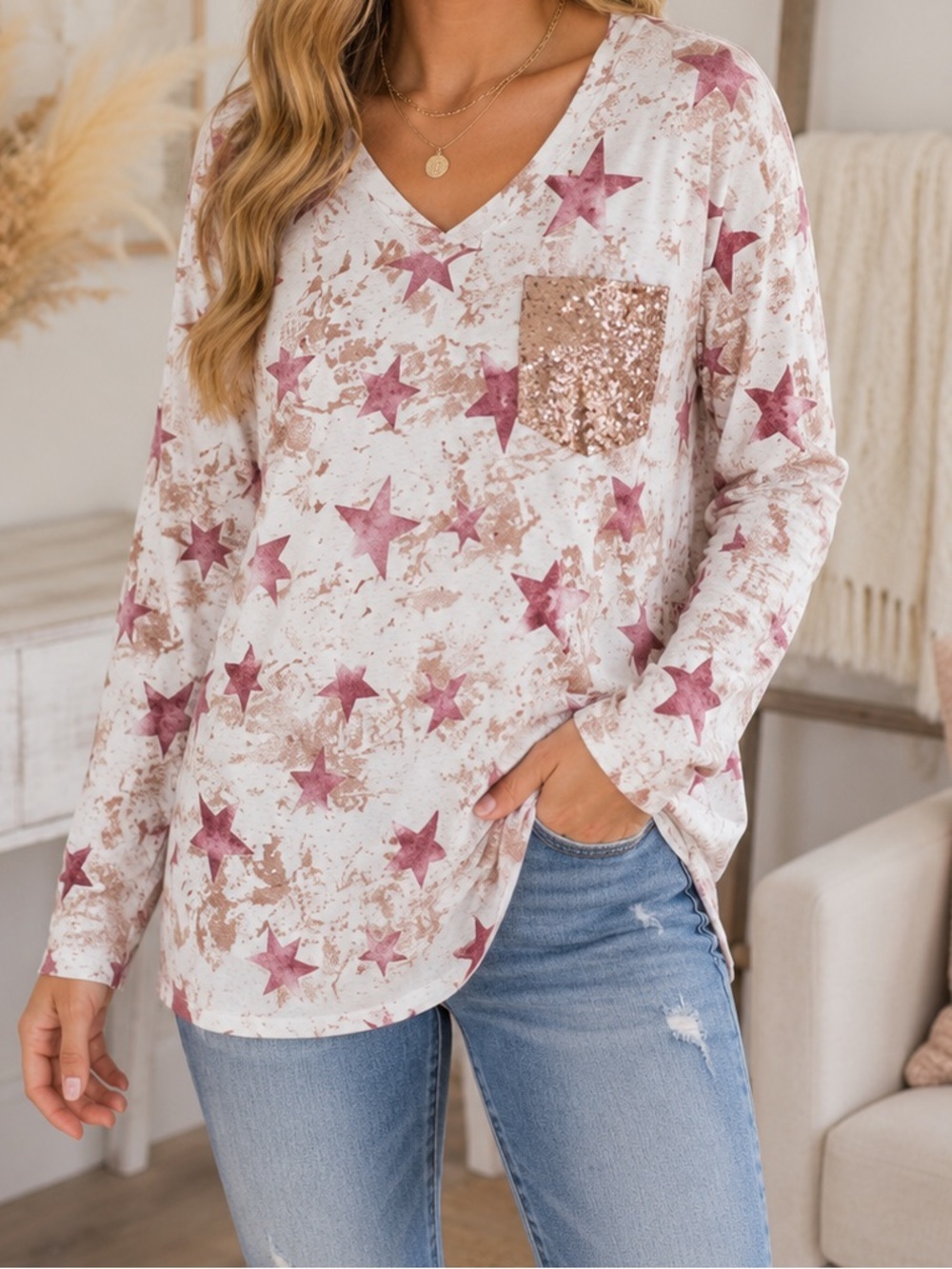 HoneyMe Boutique Rose Gold Sequin Pocket Star V-Neck Long Sleeve Blouse Size S
